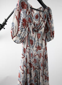 Robe longue à manches ballon en soie - Blanc & Gris Bleu