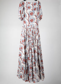 Robe longue à manches ballon en soie - Blanc & Gris Bleu