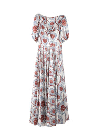 Robe longue à manches ballon en soie - Blanc & Gris Bleu