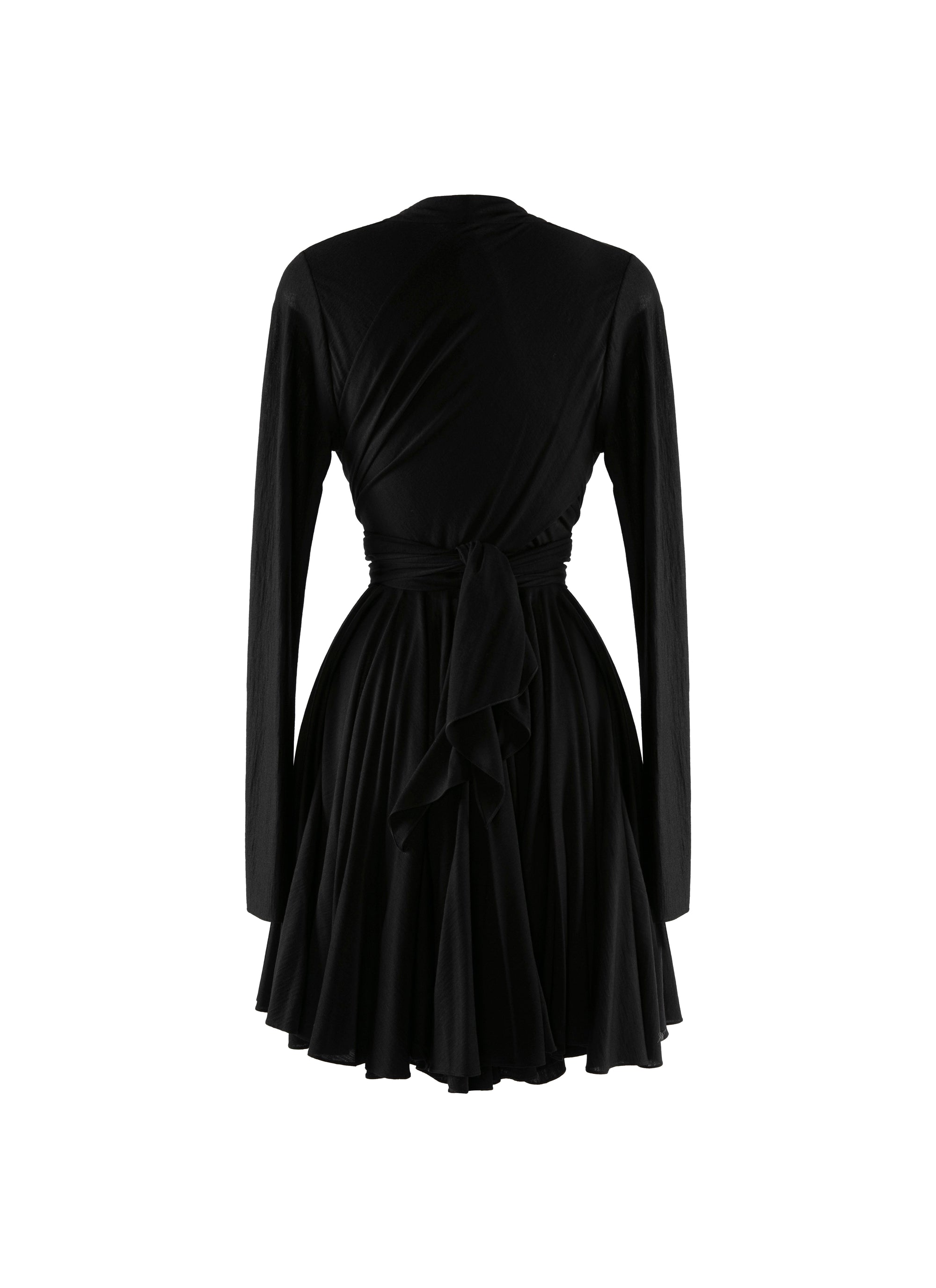 Tie waist short dress in wool - Black