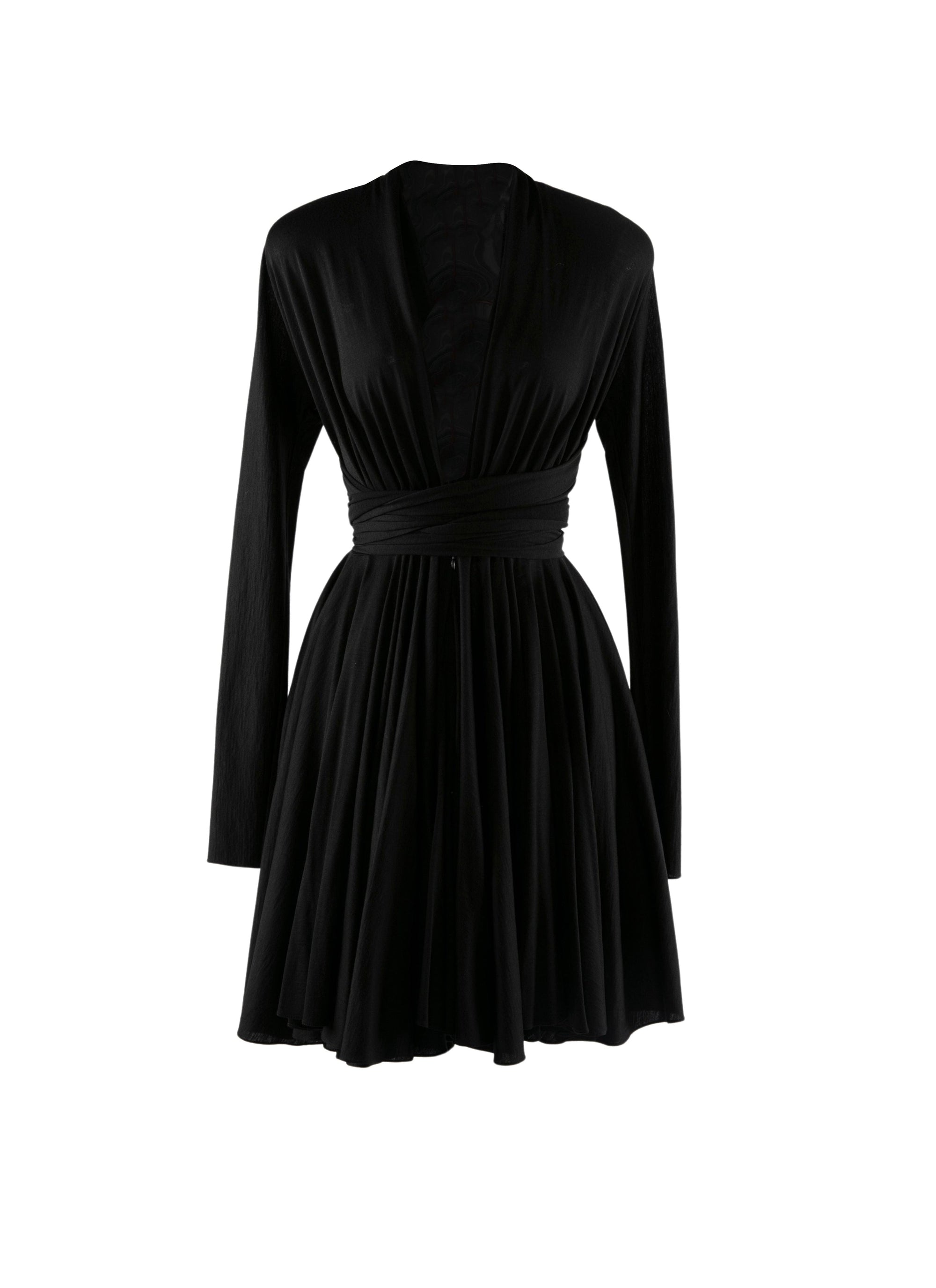 Tie waist short dress in wool - Black