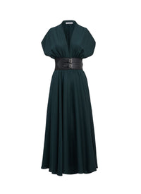 Belted dress in silk jacquard - Dark green