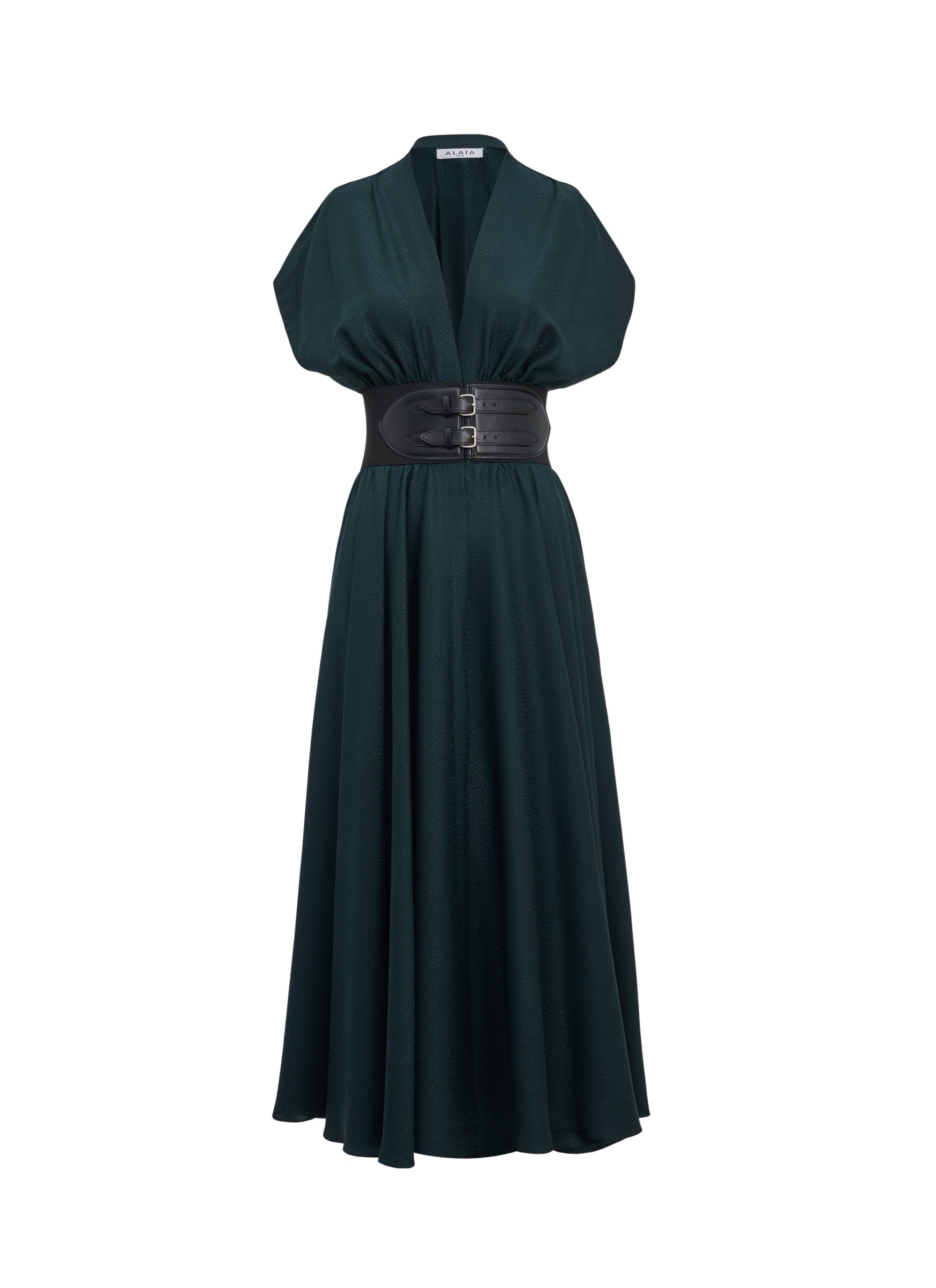 Belted dress in silk jacquard - Dark green