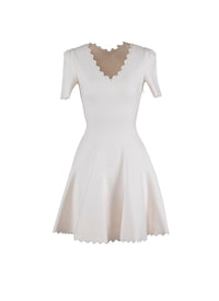 Robe courte évasée col v à manches courtes en laine - Blanc Nacre
