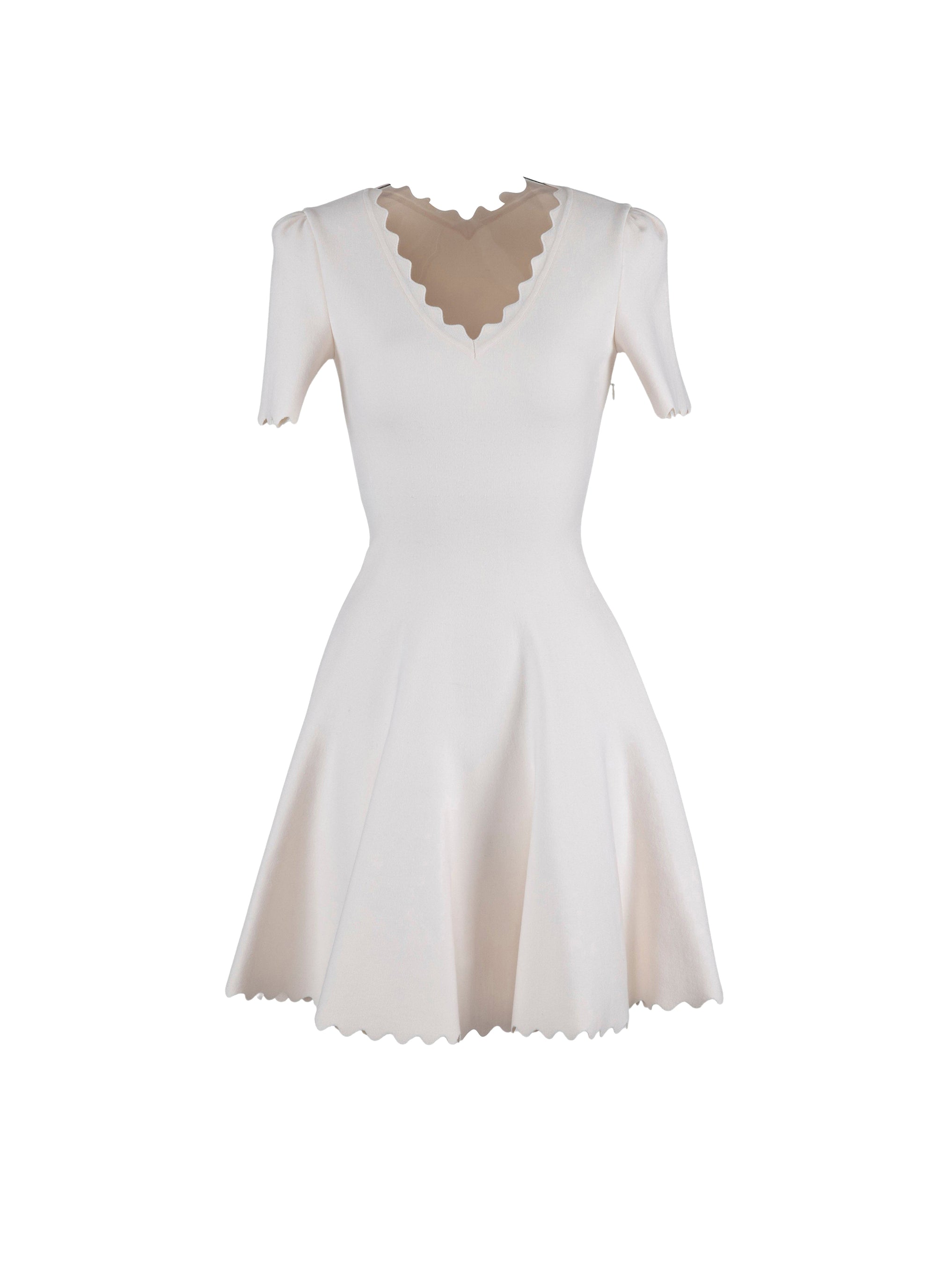 Robe courte évasée col v à manches courtes en laine - Blanc Nacre