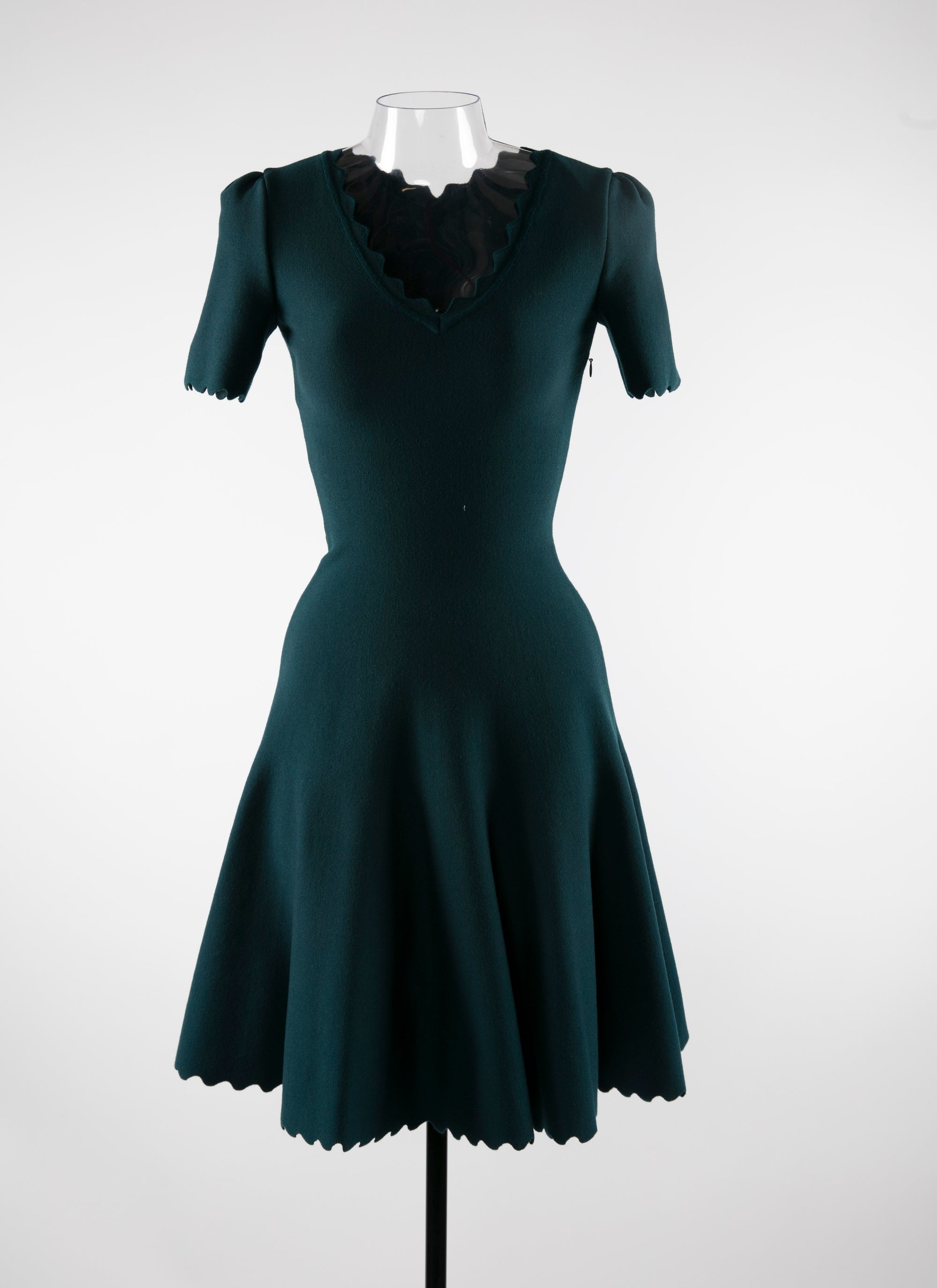 Short wool v-neck flared dress with short sleeves - Dark Petroleum