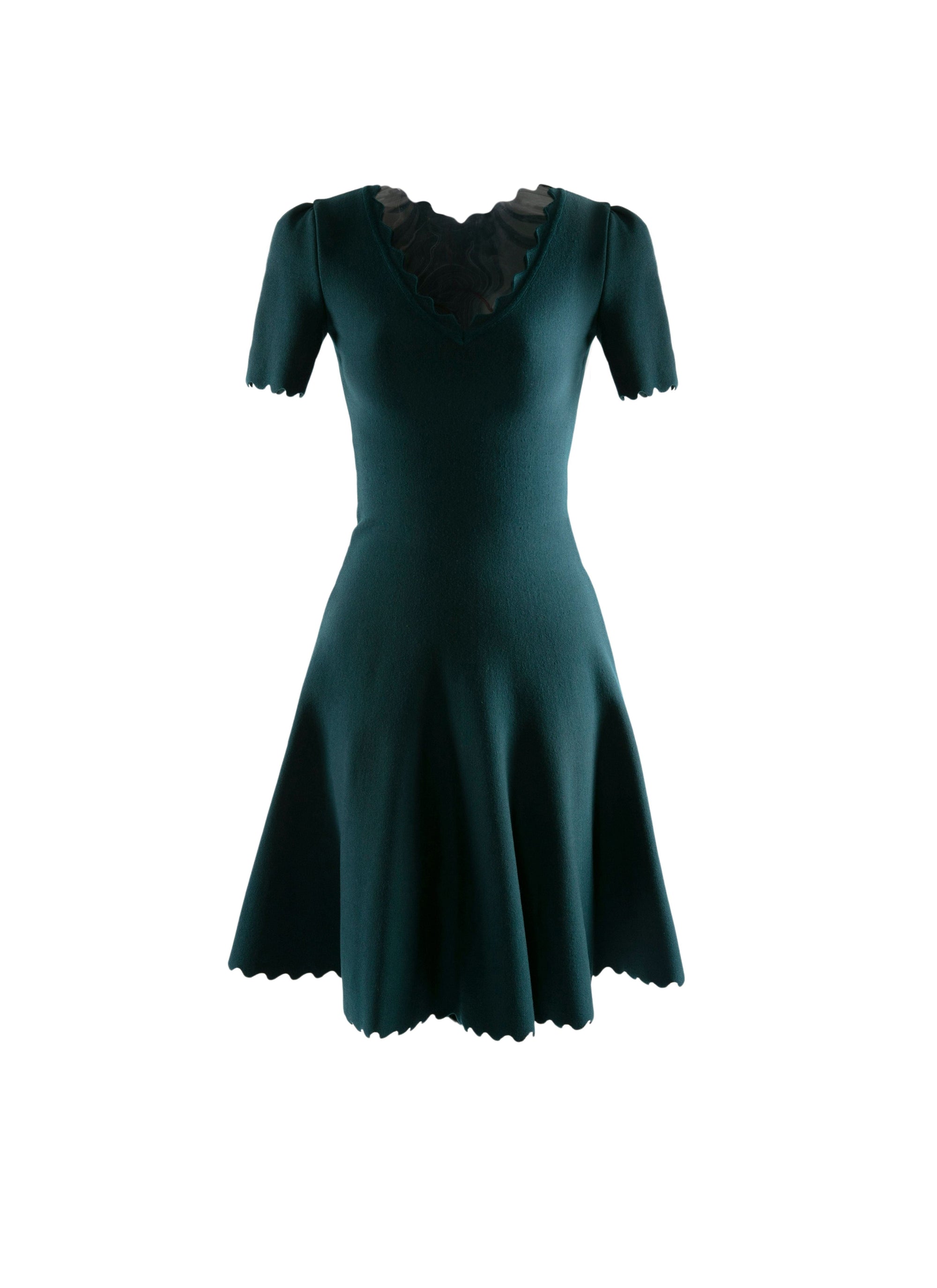 Short wool v-neck flared dress with short sleeves - Dark Petroleum