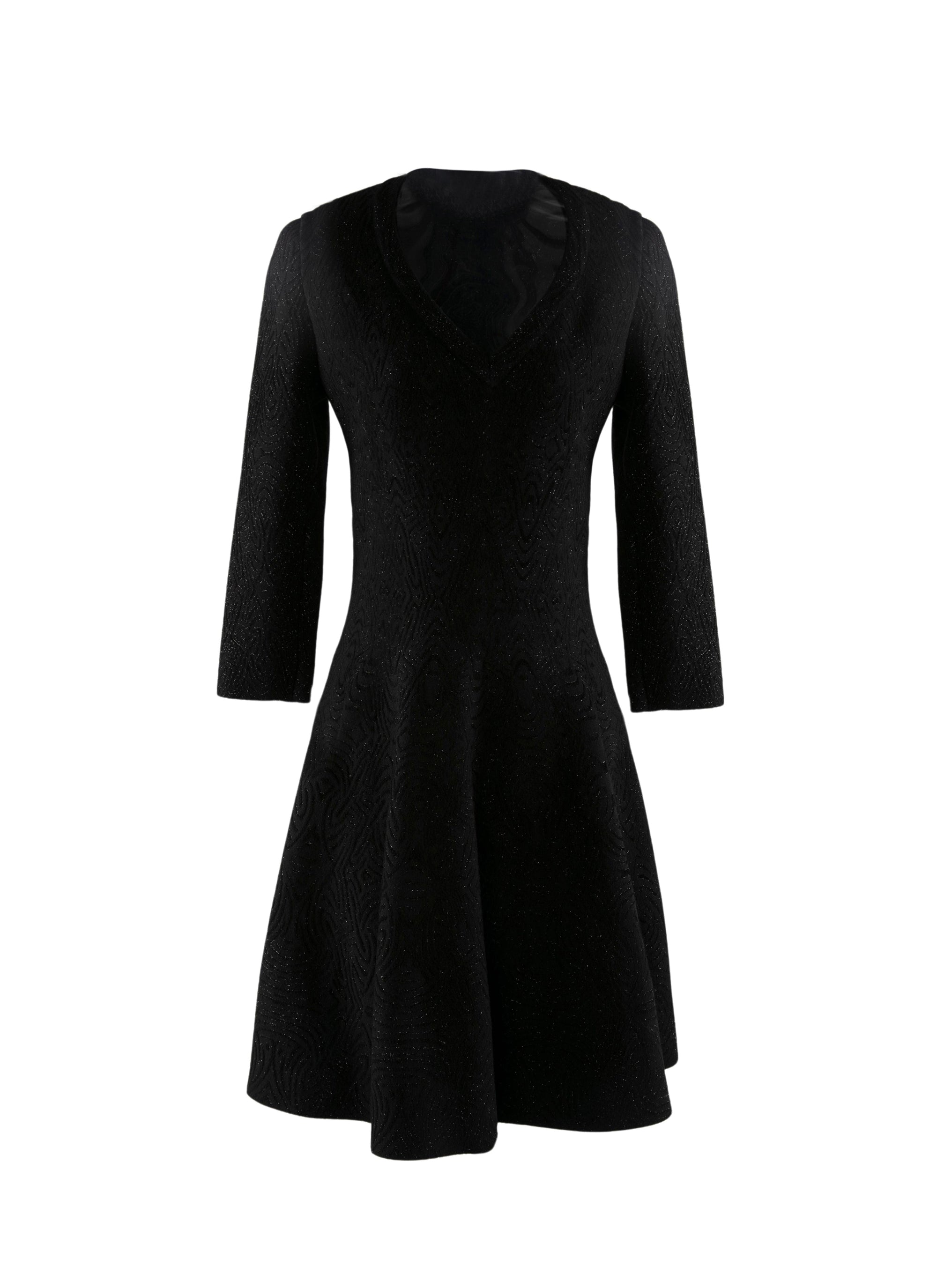 Robe courte évasée à col rond et manches 3/4 - Noir Brillant