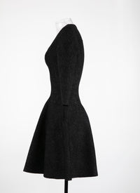 Robe courte évasée à col rond et manches 3/4 - Noir Brillant