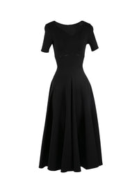 Robe longue évasée à col rond et manches courtes en laine - Noir