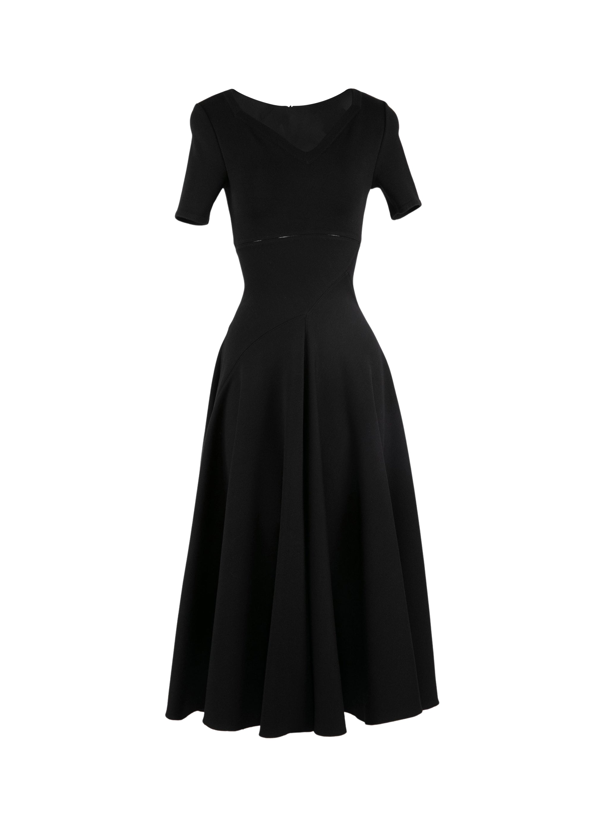 Robe longue évasée à col rond et manches courtes en laine - Noir