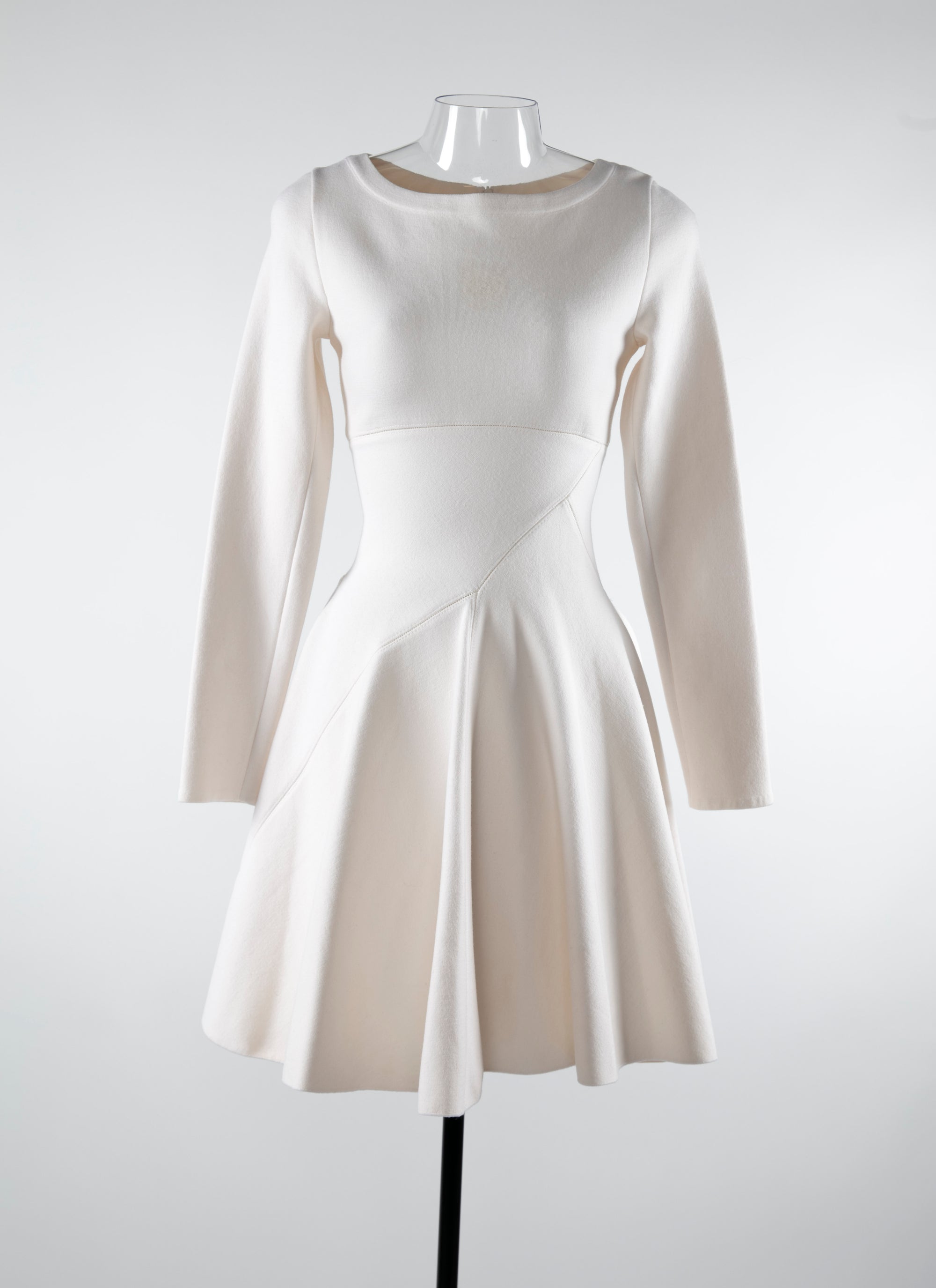 Robe courte évasée col rond à manches longues en laine - Blanc Nacre