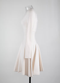 Robe courte évasée col rond à manches longues en laine - Blanc Nacre