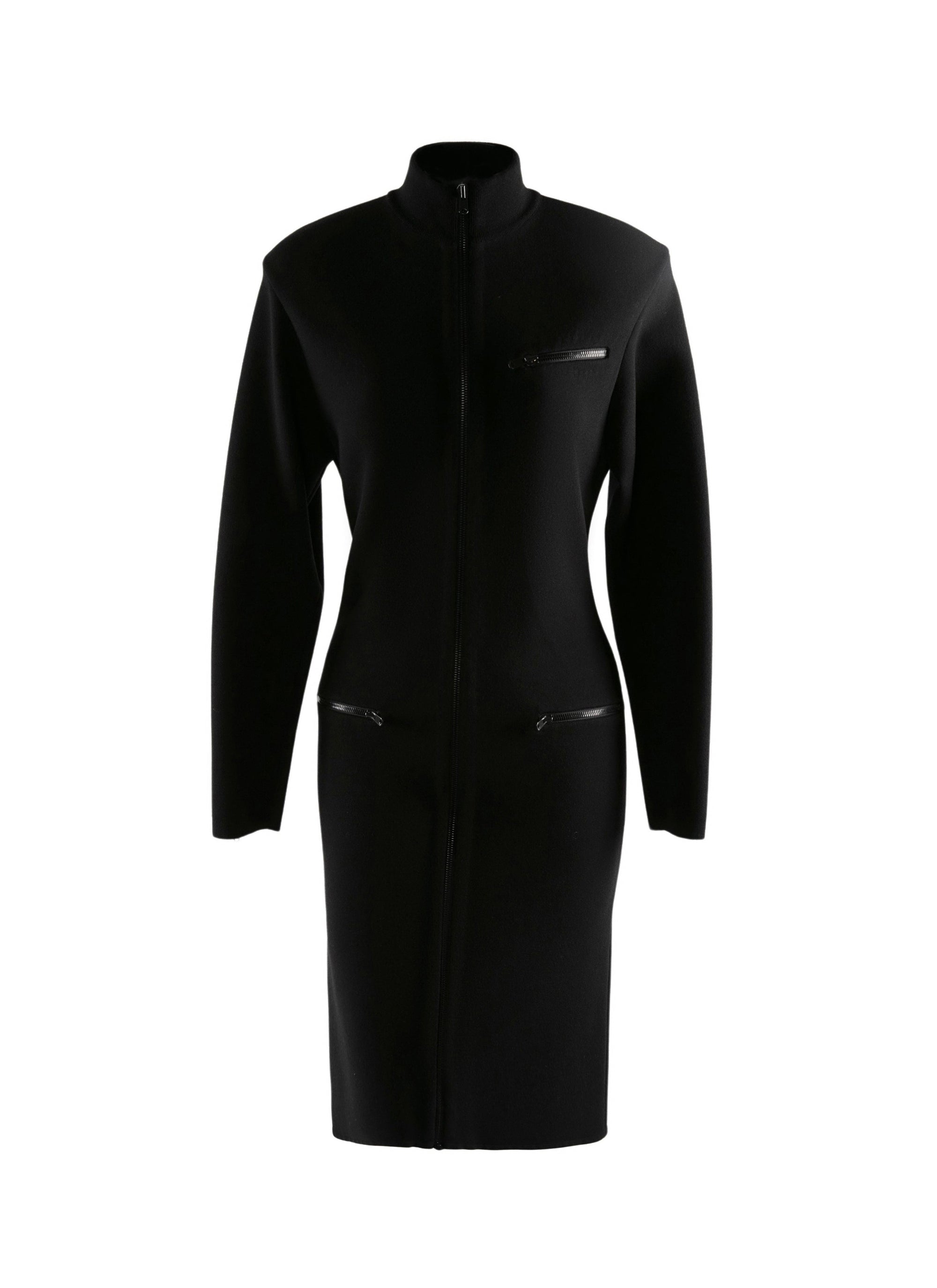Robe droite zippée à col montant en laine - Noir