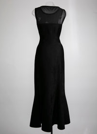 Robe longue évasée sans manches au buste transparent - Noir
