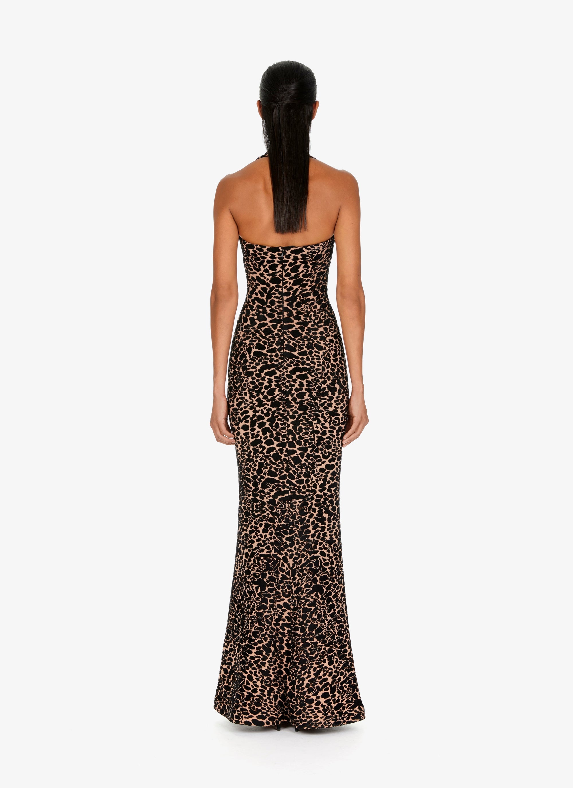 Long strapless panther dress in wool - Flesh & Black