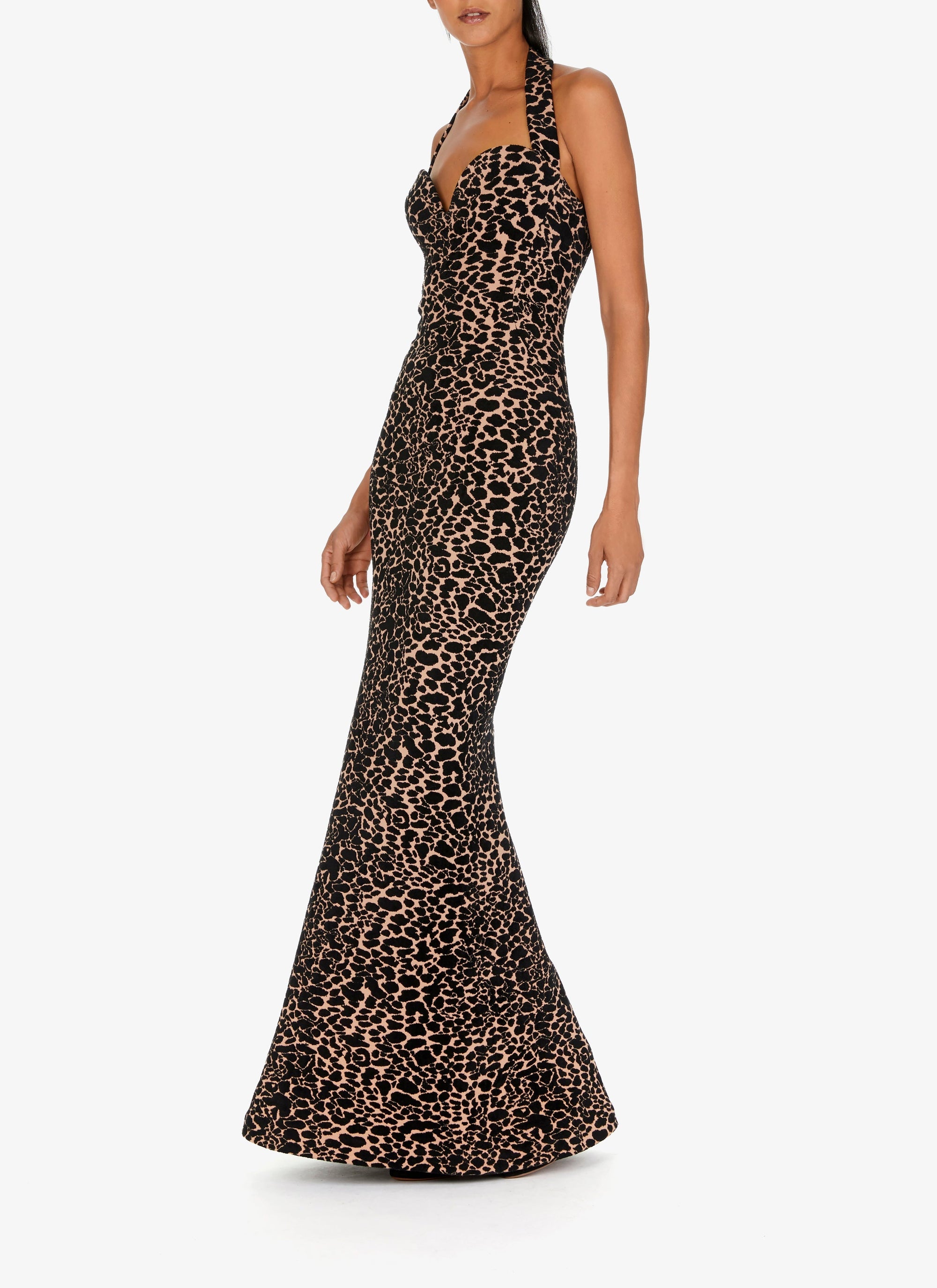 Long strapless panther dress in wool - Flesh & Black