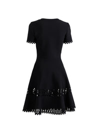 Short flared dress with perforated stripe and short sleeves - Black intense