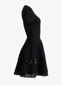 Short flared dress with perforated stripe and short sleeves - Black intense