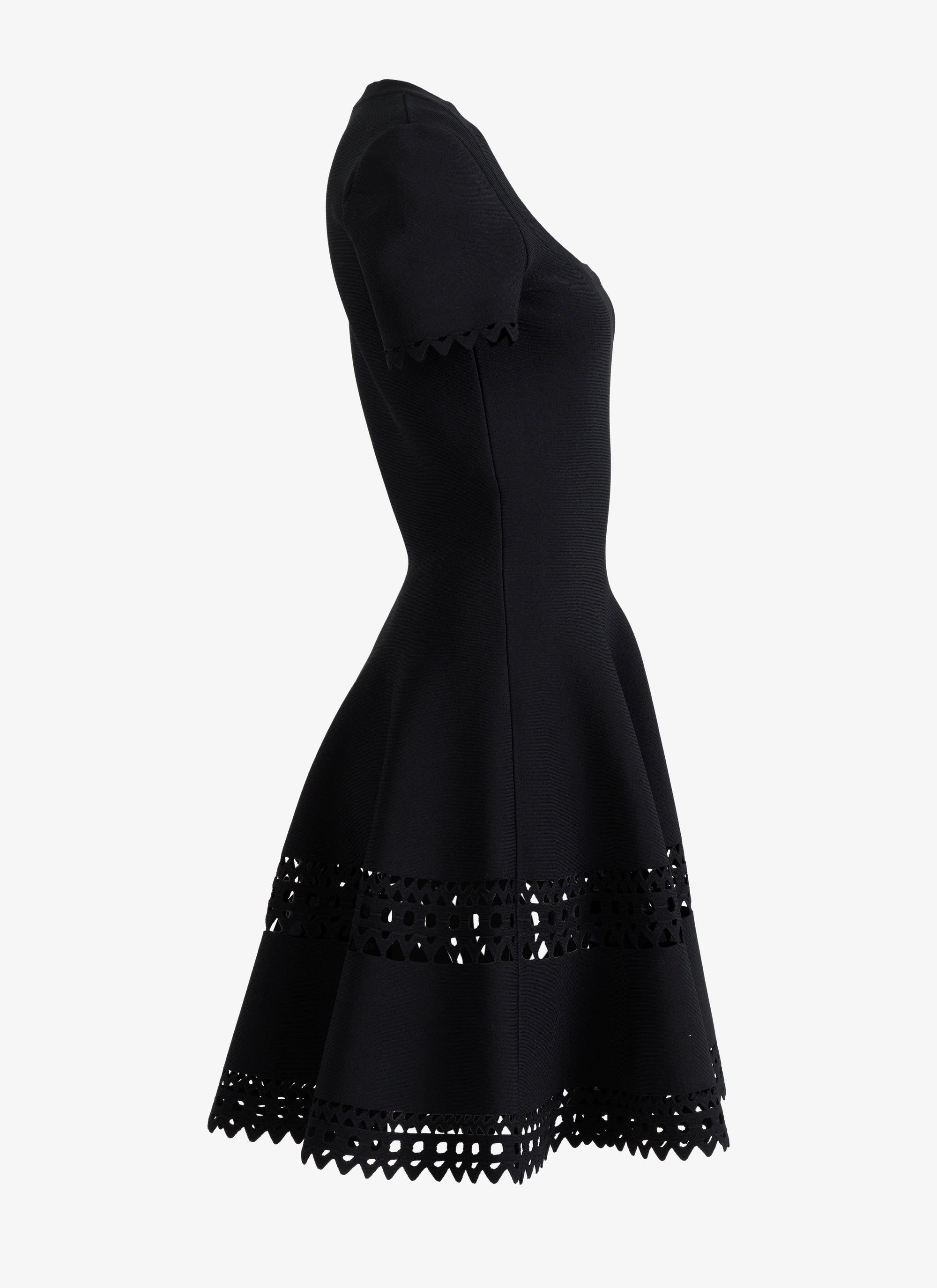 Short flared dress with perforated stripe and short sleeves - Black intense