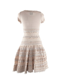 Flared short dress with embroidered details, short sleeves - Nude