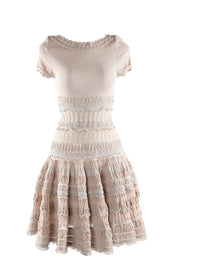 Flared short dress with embroidered details, short sleeves - Nude