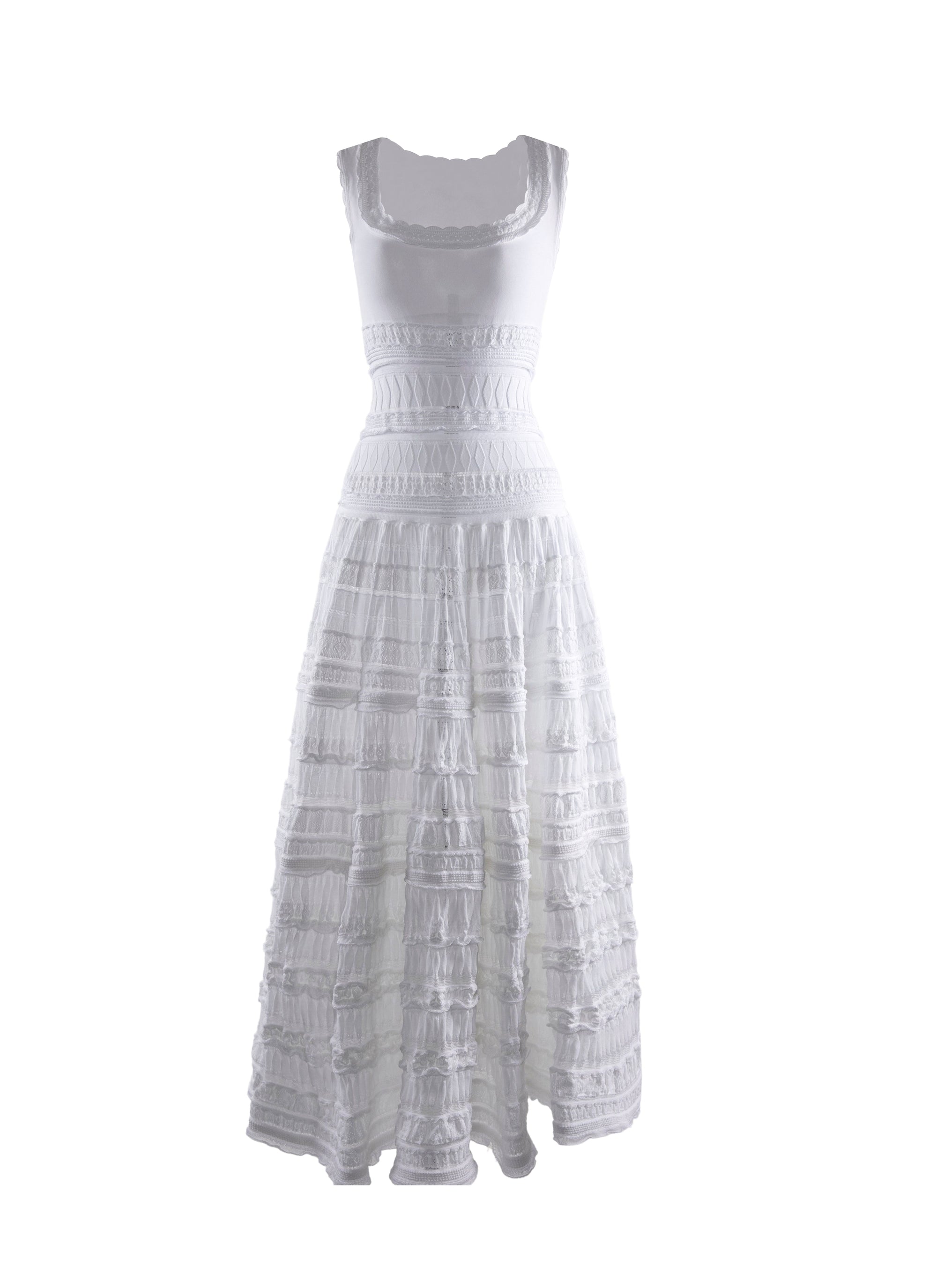 Robe longue évasée sans manches à détails brodés et col carré - Blanc
