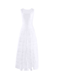 Flared long dress with embroidered details and square neck - White