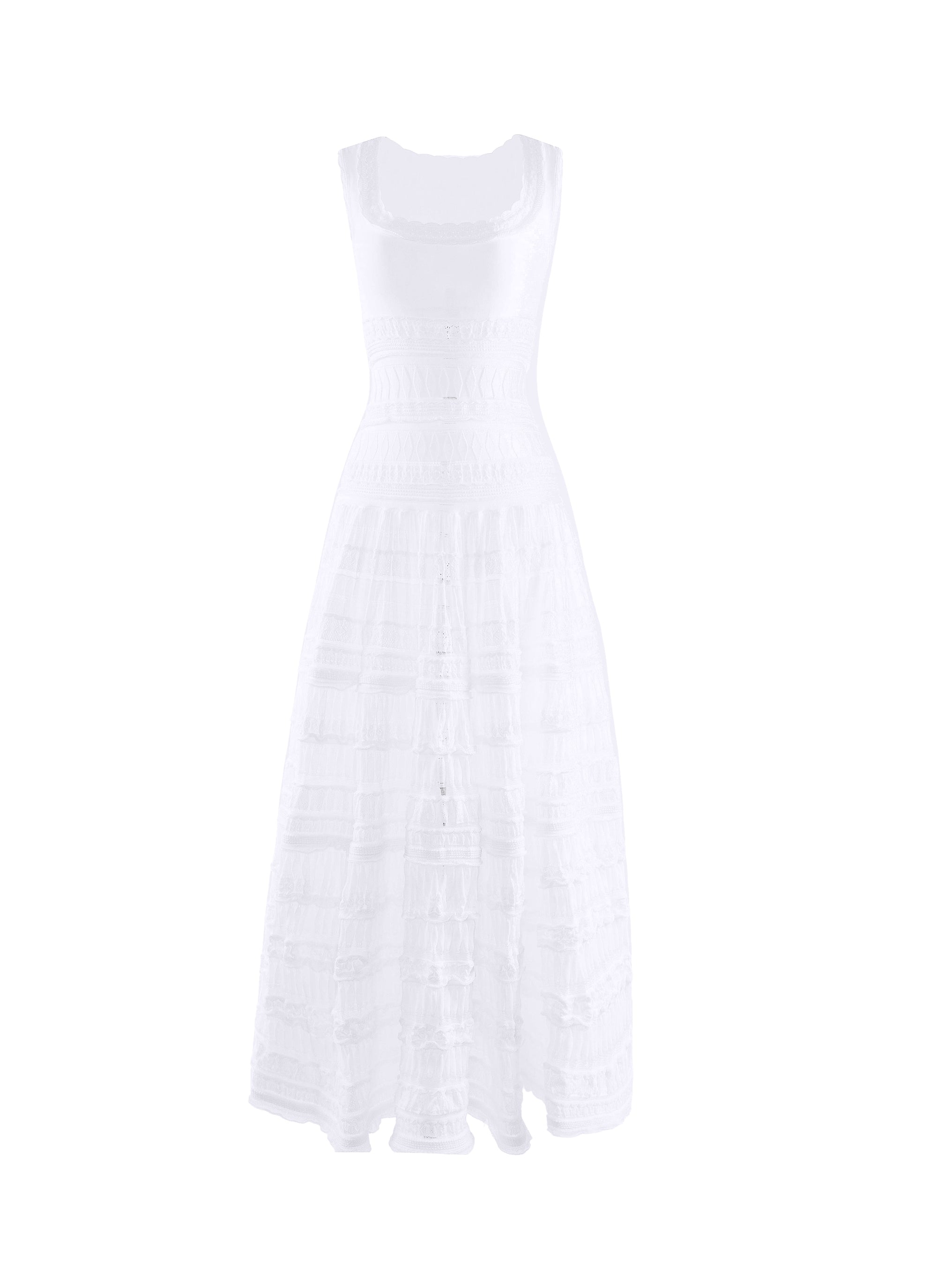Flared long dress with embroidered details and square neck - White