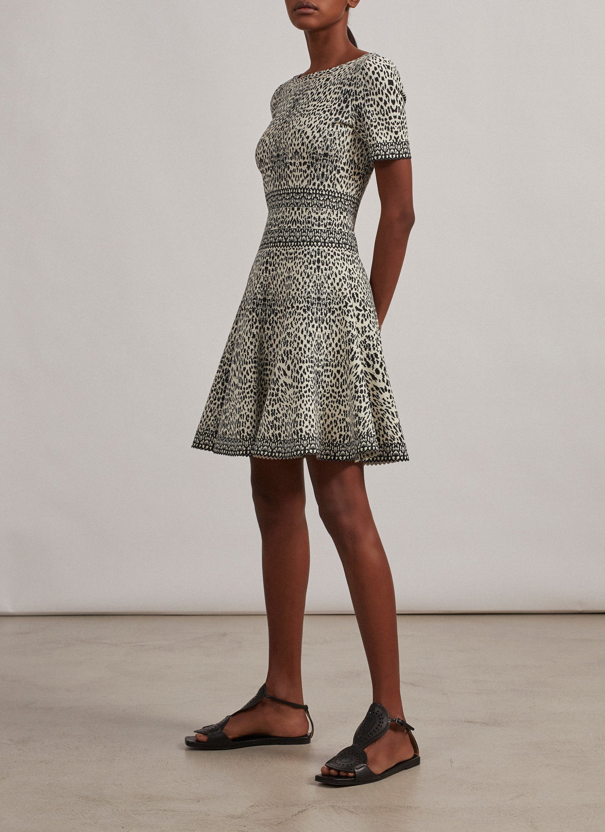 Short Sleeve Lynx Knit Dress - White & Black