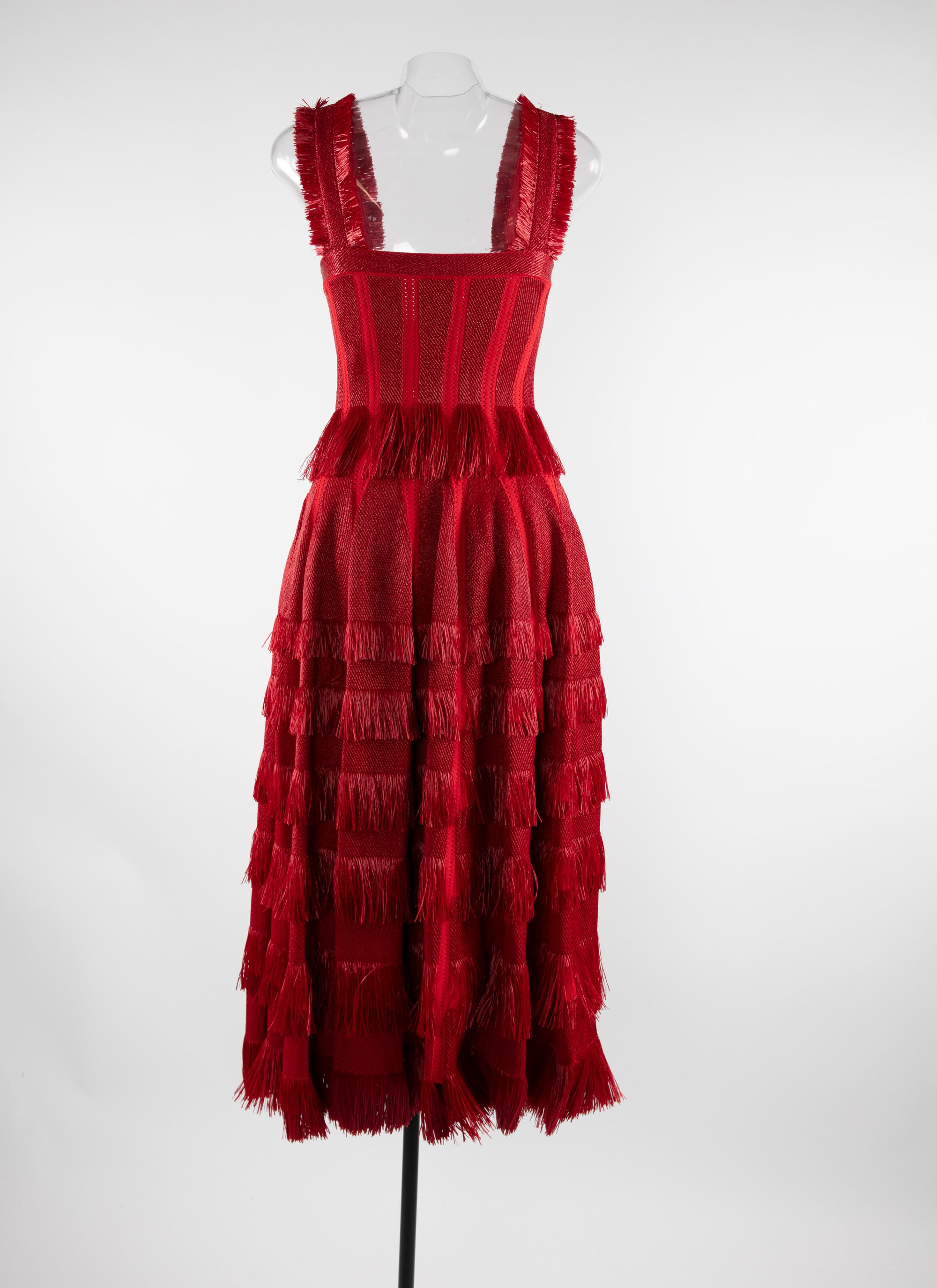 Robe longue évasée à franges et larges bretelles - Ecarlate