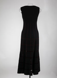 Robe longue à encolure carrée et détails ajourés - Noir & Rouge