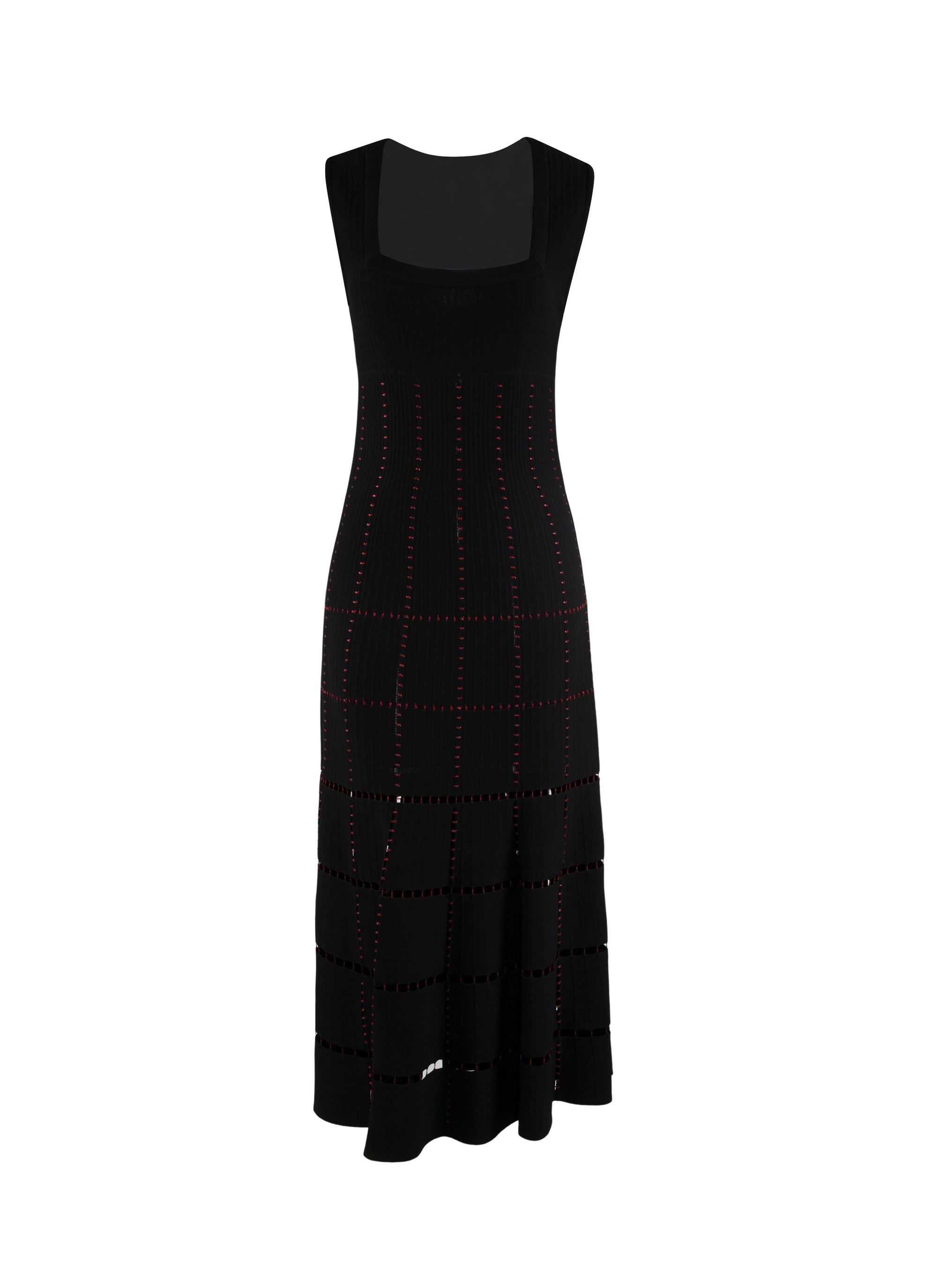 Robe longue à encolure carrée et détails ajourés - Noir & Rouge