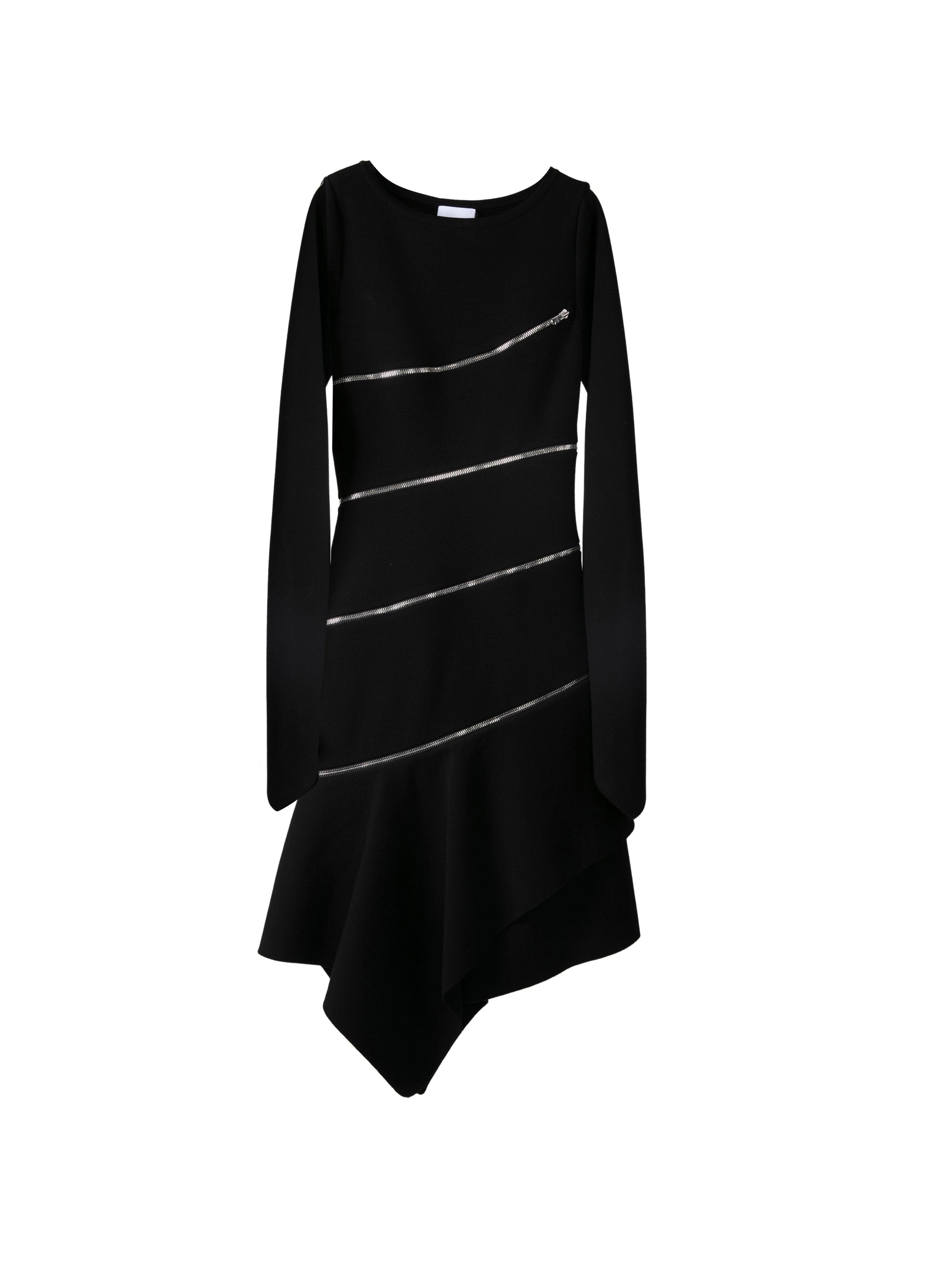 Robe droite zippée à manches longues en laine - Noir