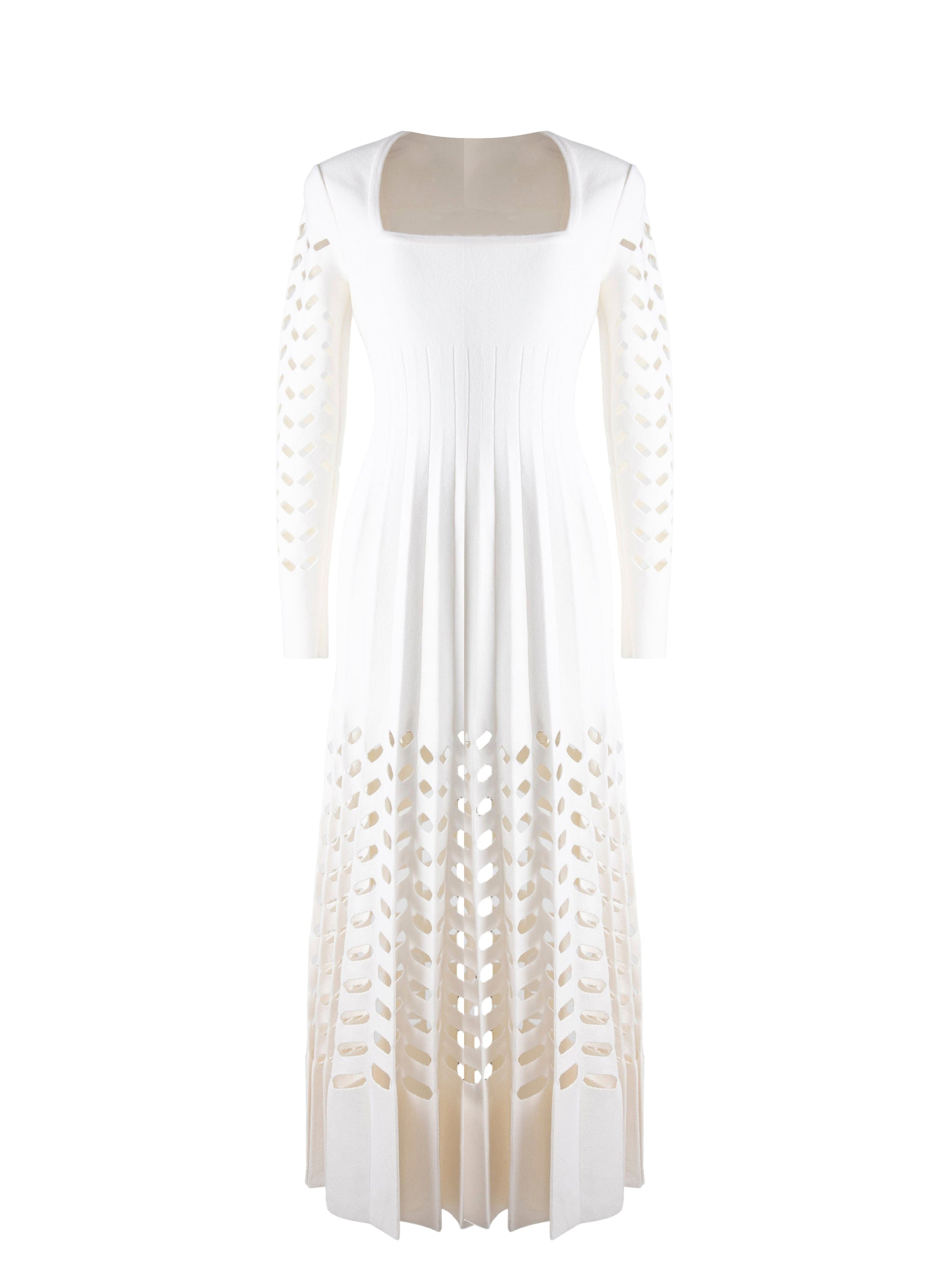 Robe plissée à manches longues en laine - Ivoire
