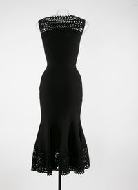 Robe midi ajourée col bateau à motif vienne - Noir