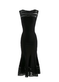 Robe midi ajourée col bateau à motif vienne - Noir