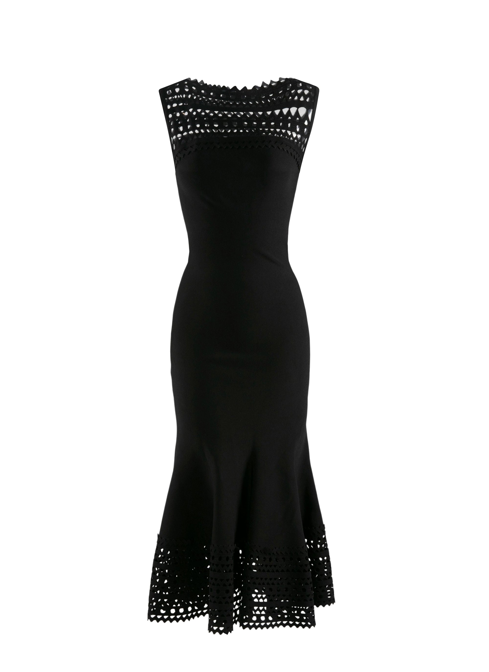 Robe midi ajourée col bateau à motif vienne - Noir