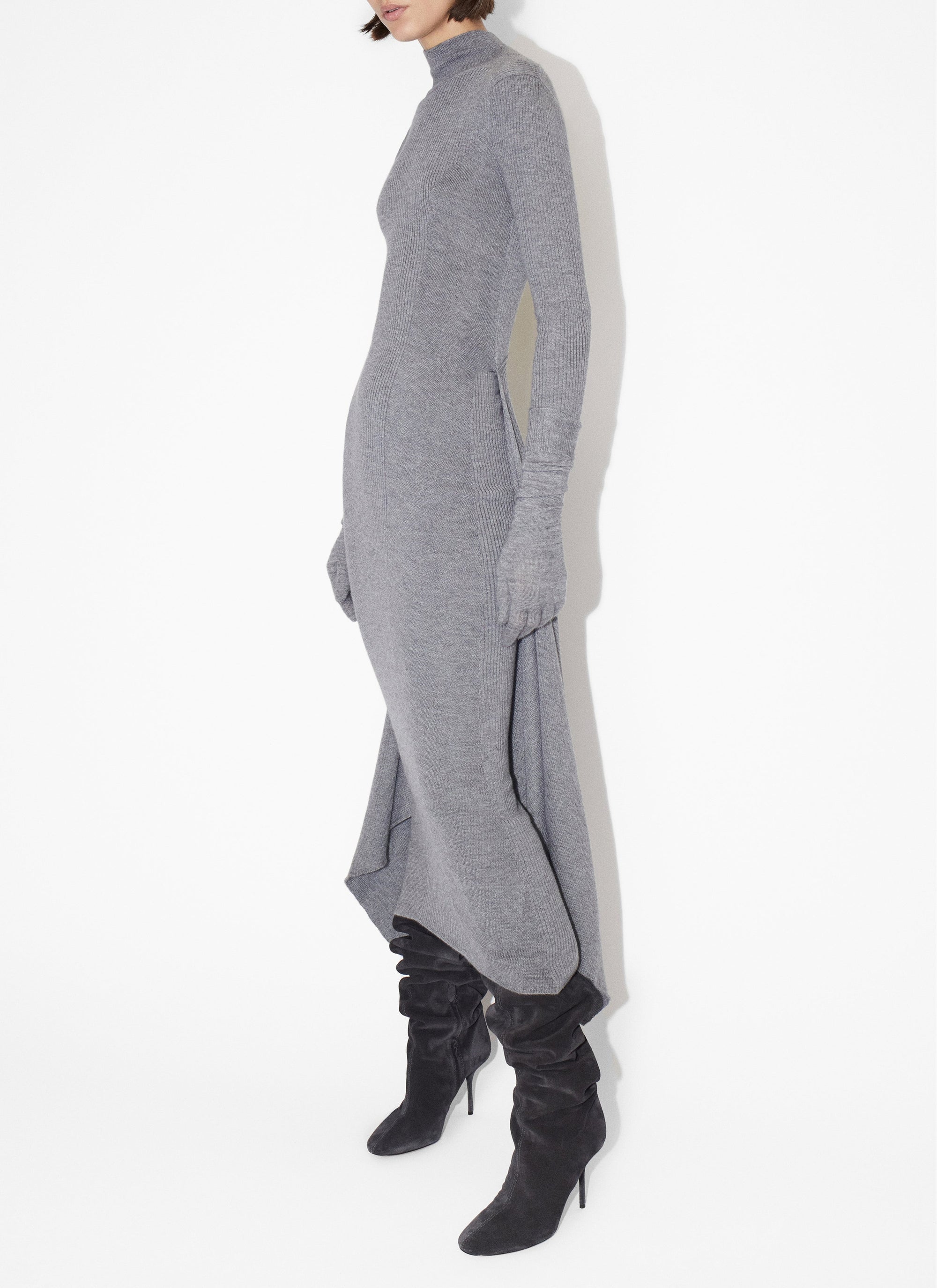 Robe droite multi portée en cachemire et soie - Gris chiné