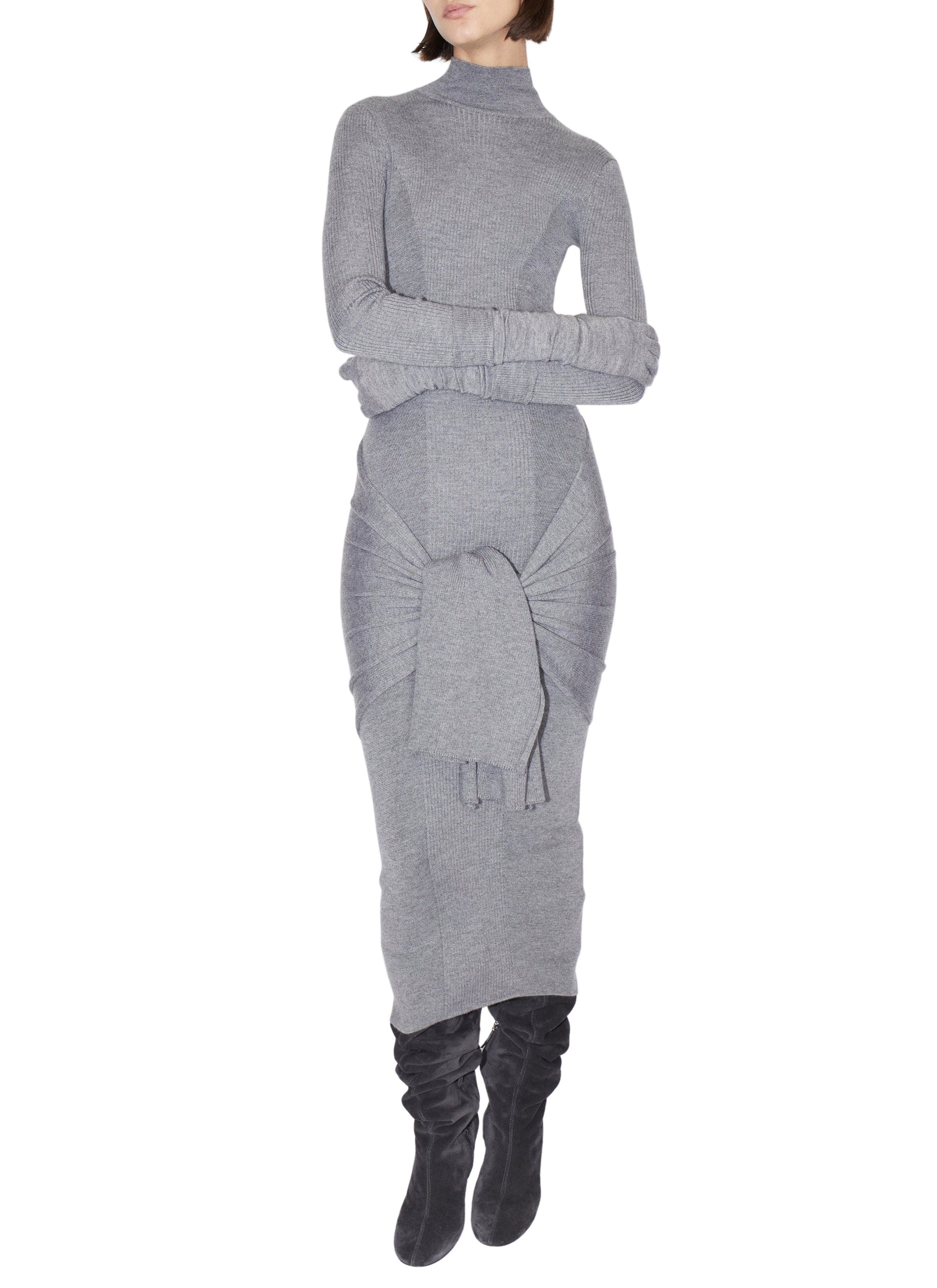 Robe droite multi portée en cachemire et soie - Gris chiné