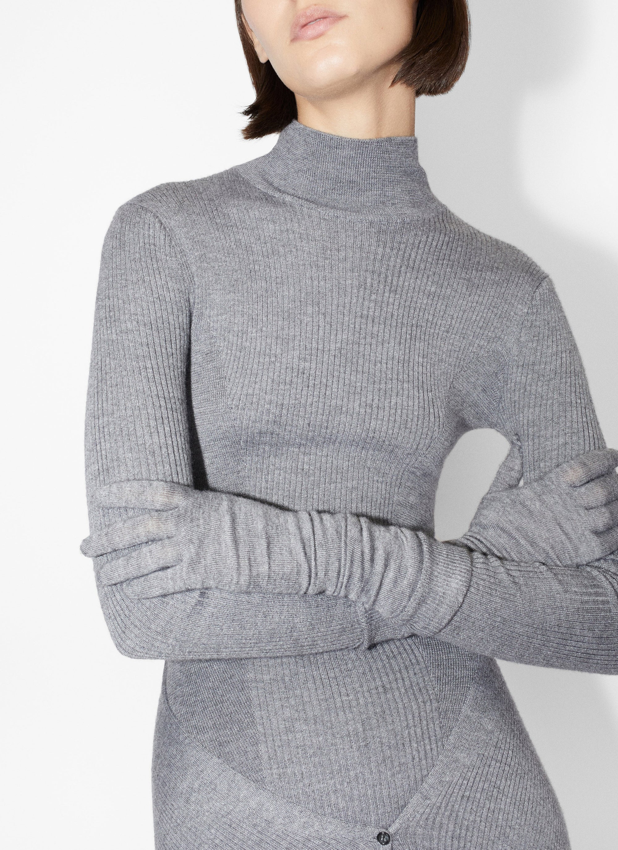 Robe droite multi portée en cachemire et soie - Gris chiné