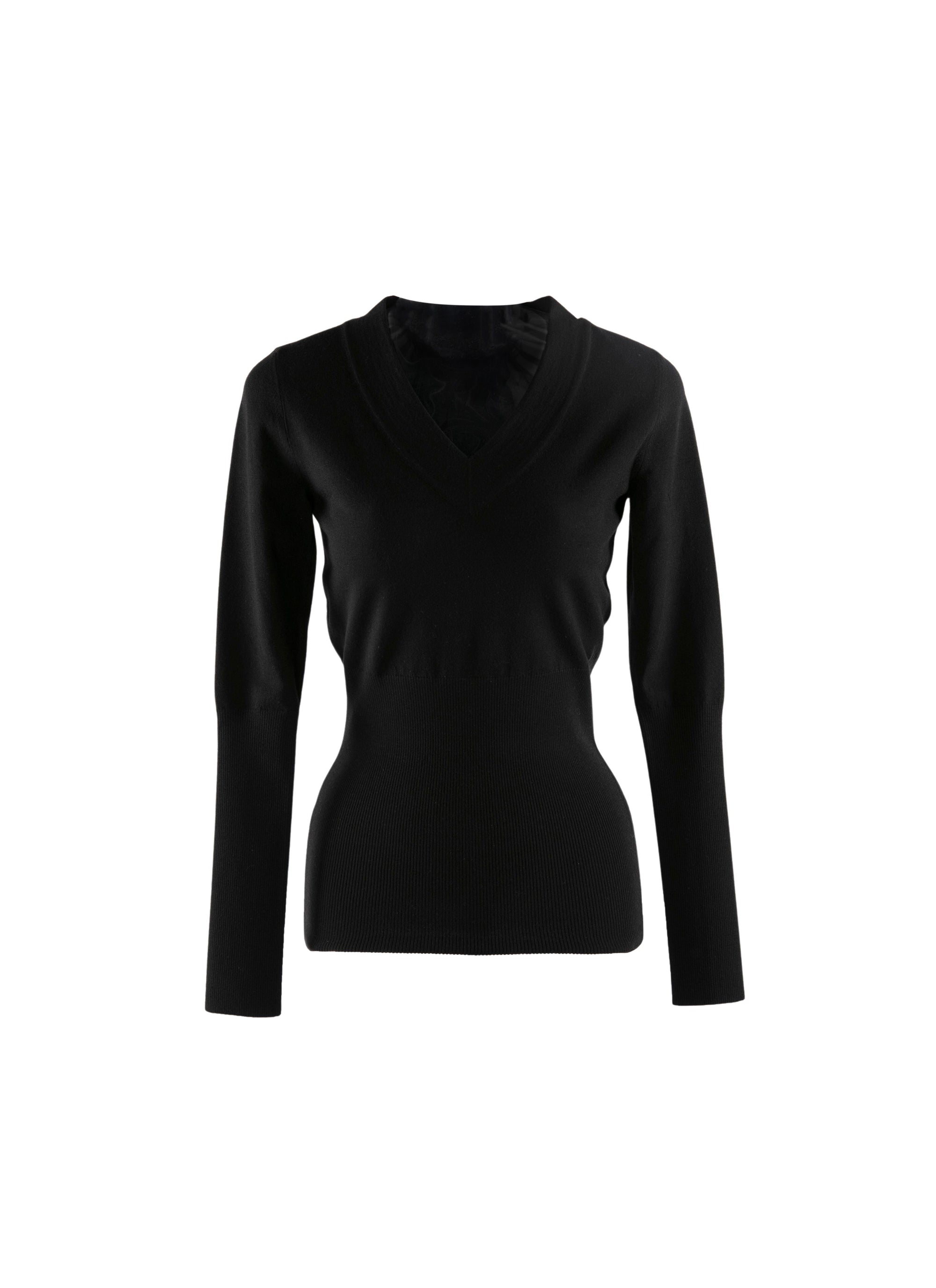 Pull manches longues cintré à col v en laine - Noir