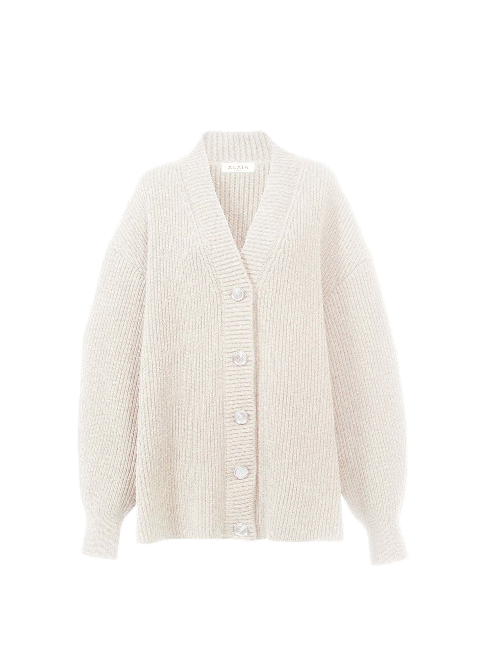 Cardigan en côtes anglaises en laine et cachemire - Blanc Cassé