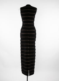 Robe longue sans manches à rayures perforées horizontales en laine - Noir & Chair