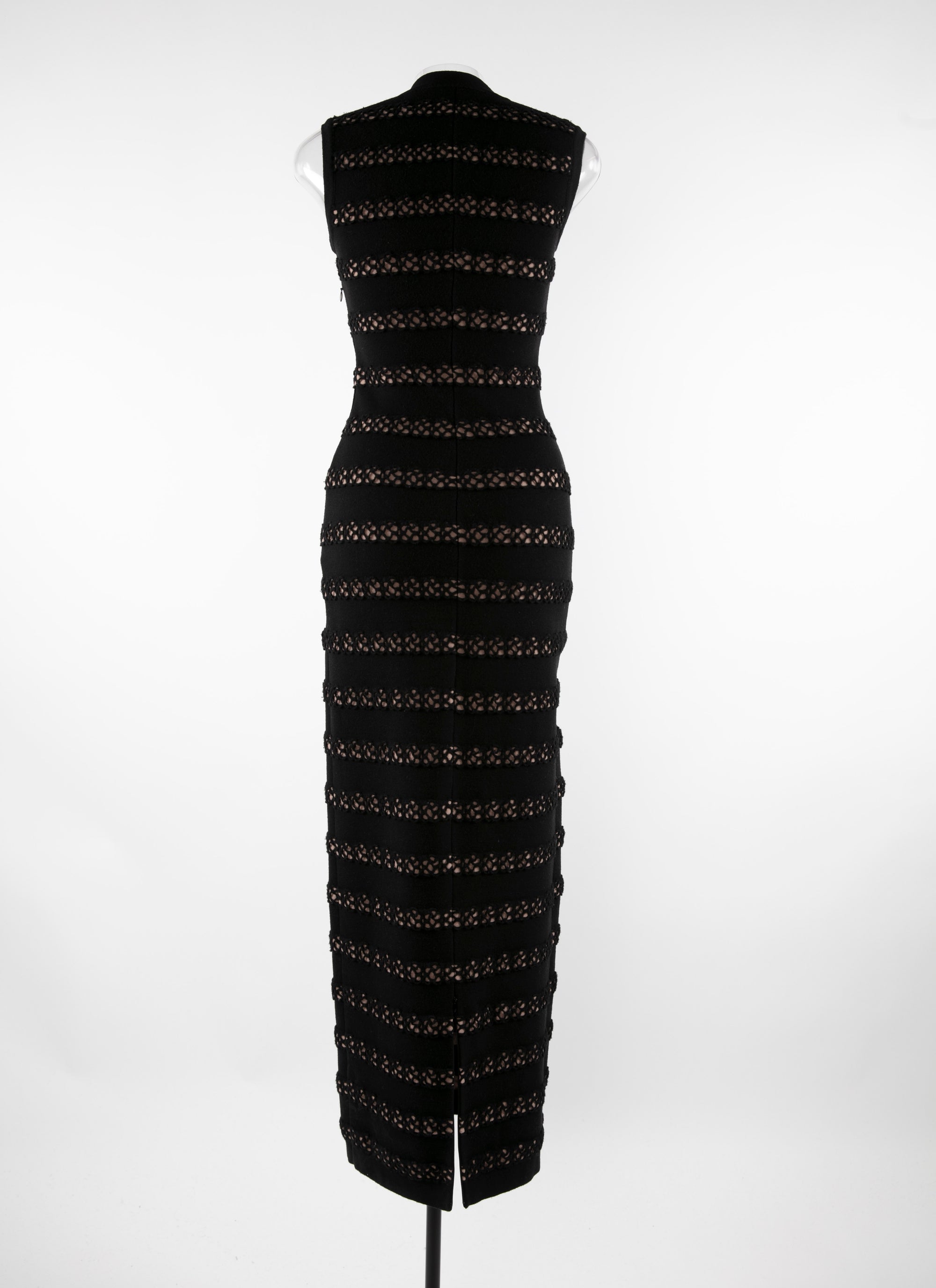 Robe longue sans manches à rayures perforées horizontales en laine - Noir & Chair