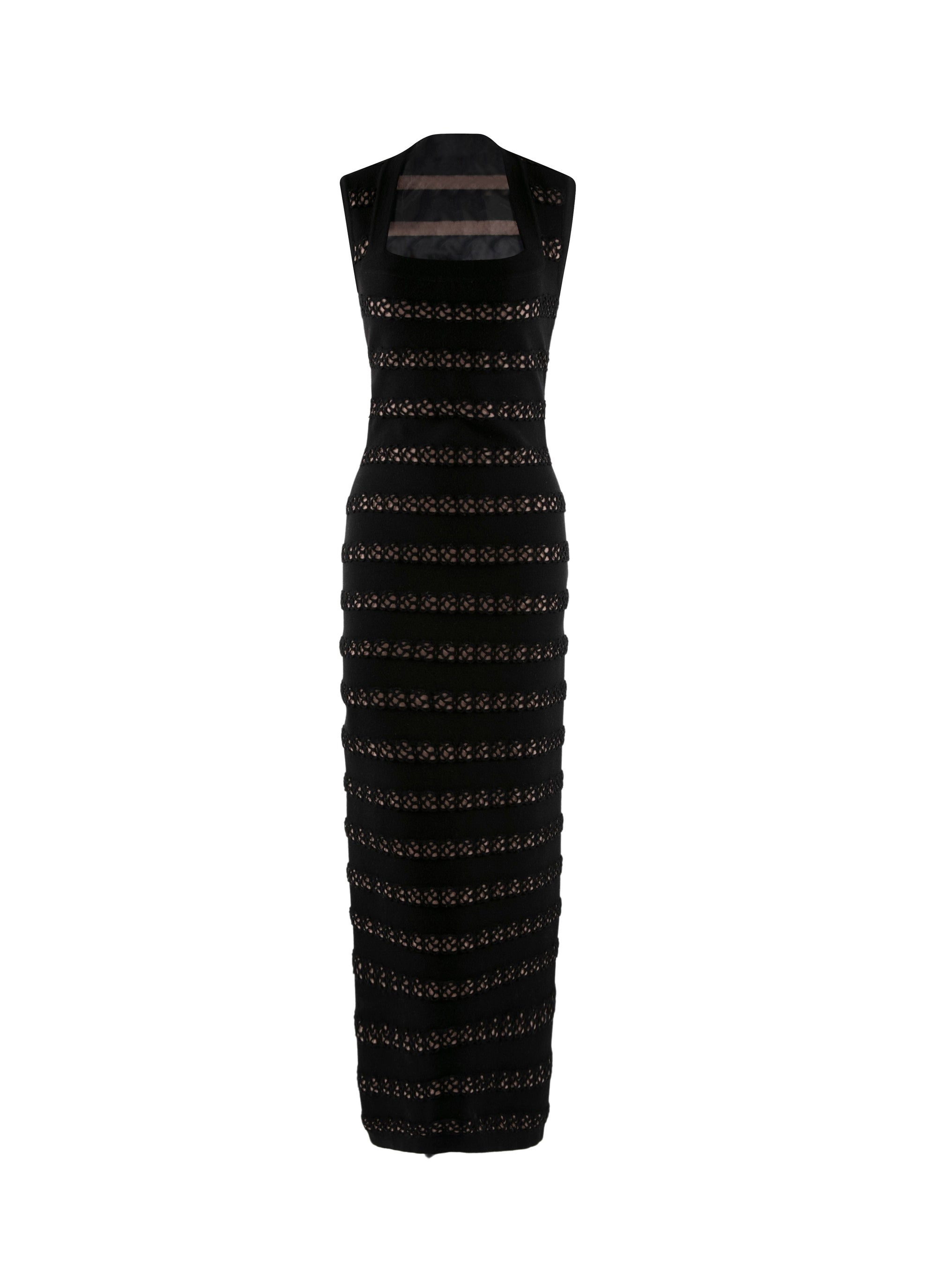 Robe longue sans manches à rayures perforées horizontales en laine - Noir & Chair