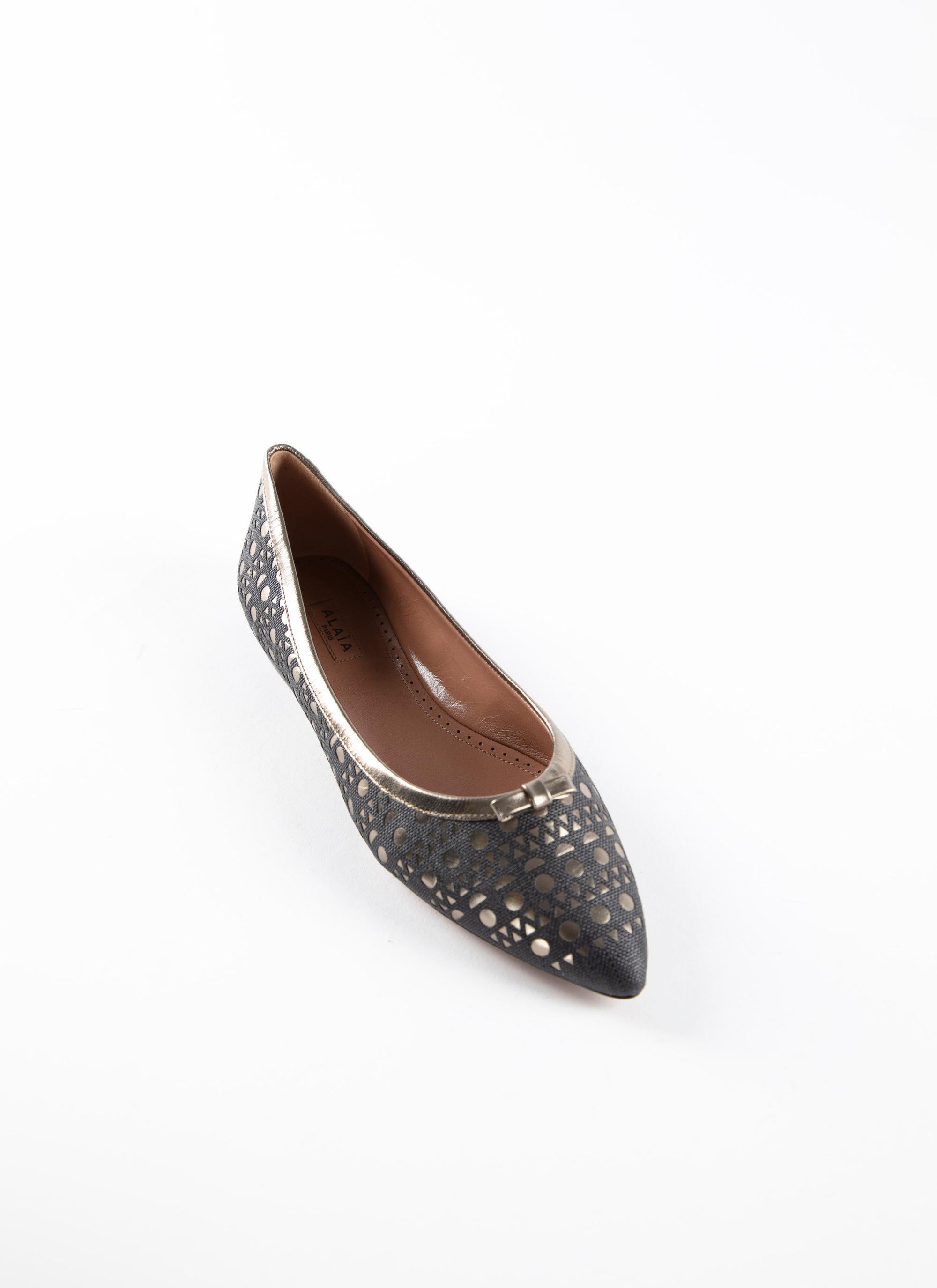 Ballerines à motif découpes à bout rond nœud en cuir - Noir & Argent