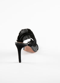 Mules à talons bride frangée en cuir - Noir