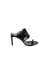 Mules à talons bride frangée en cuir - Noir