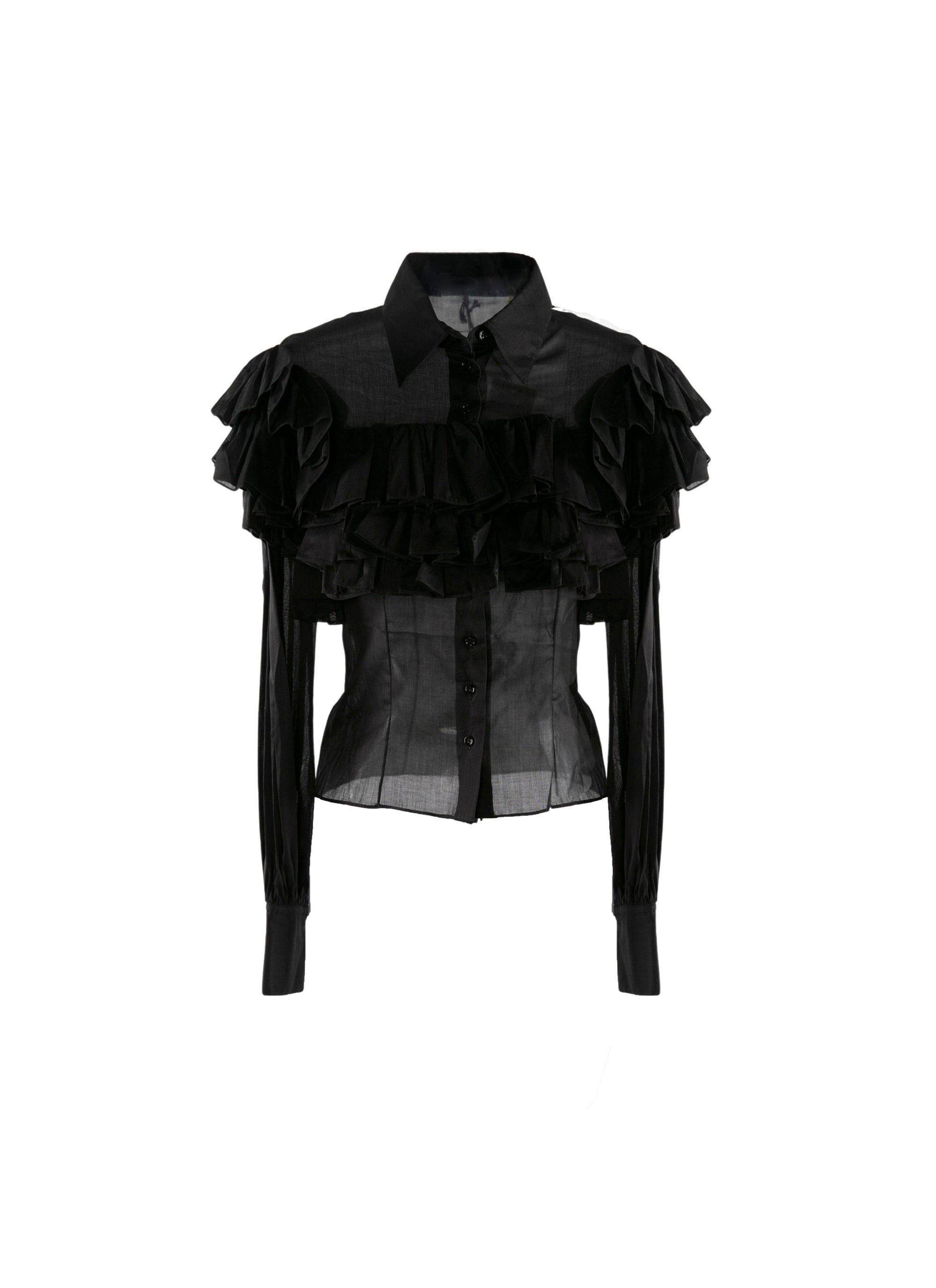 Chemise transparente à manches longues volantées - Noir